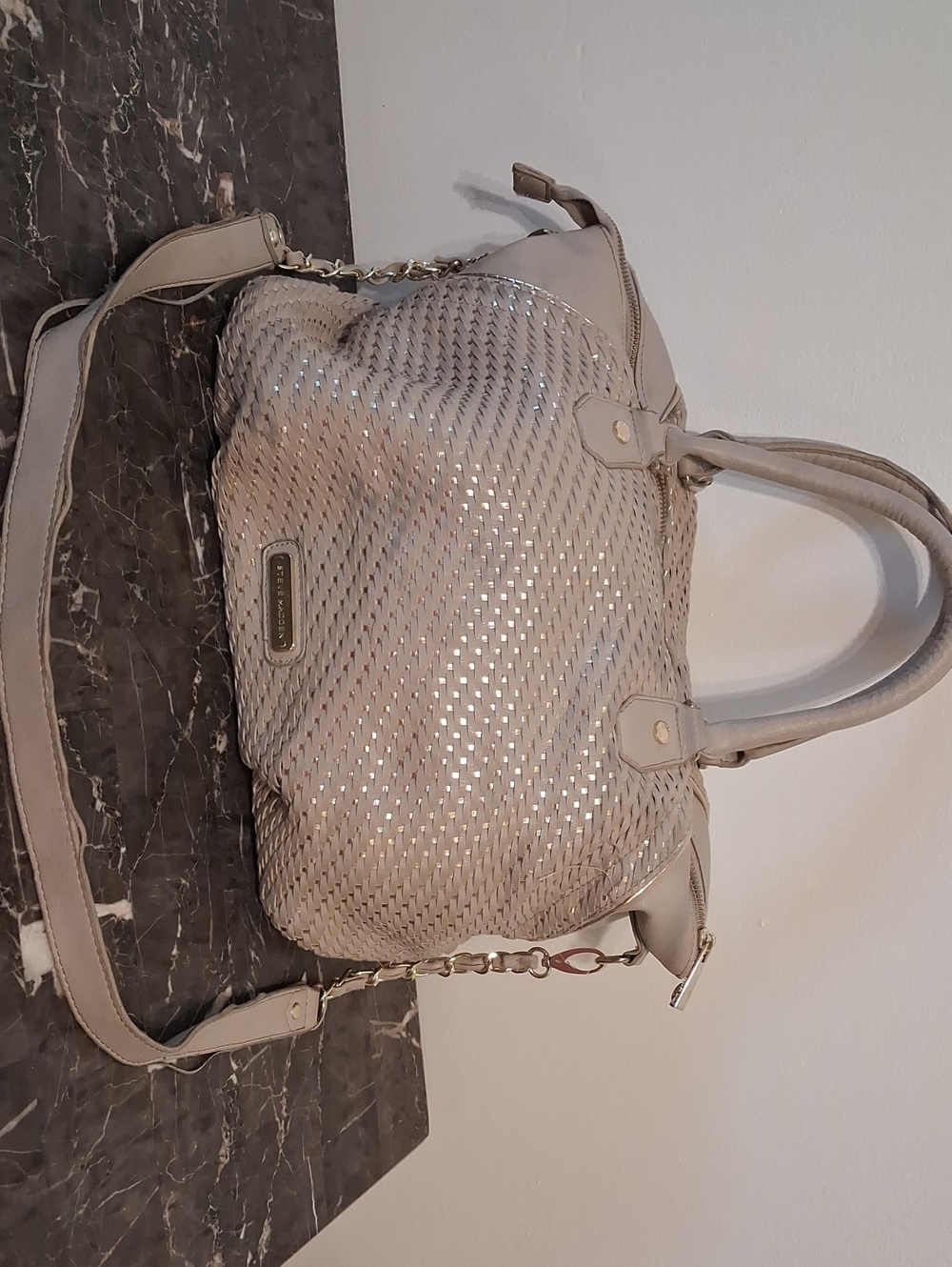 Steve Madden Metallic Beige Shoulder Bag with Chain Accent